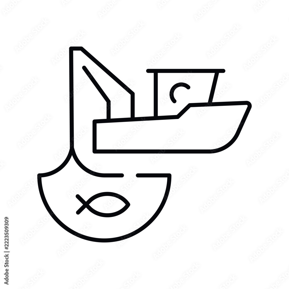 Naklejka premium Fishing vessel icon with a trawl net and fish