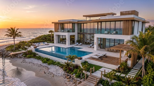 Oceanfront luxury villa showcases a contemporary design with a private infinity pool, wooden decking, and expansive glass walls overlooking the sea at sunset.