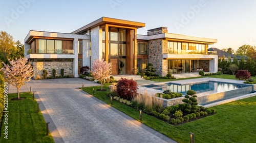 Modern luxury mansion features a stone facade, contemporary architectural lines, a landscaped driveway, and a pristine swimming pool during a sunny golden hour.