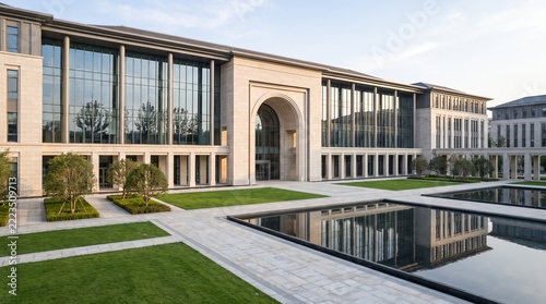 Corporate headquarters building features a central stone archway and calm reflective water pools in the courtyard.