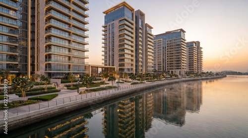 Skyscrapers stand along a serene waterfront promenade during the golden hour in a modern city.
