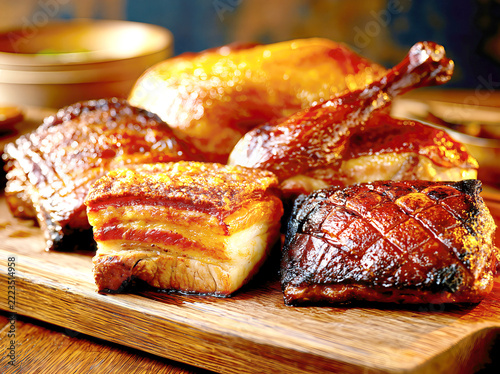 Assorted Roasted Meats with Crispy Pork Belly on a Wooden Board