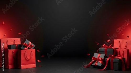 Black Friday shopping background with red bags and black gift boxes on dark surface with confetti. red shopping bags and black gifts on dark background. 