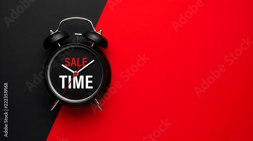 Black vintage alarm clock with sale time text on red and black background for retail marketing event. vintage alarm clock on red and black background for sale. 