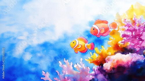 Colorful clownfish swimming near vibrant coral reef, showcasing beauty of marine life in watercolor style