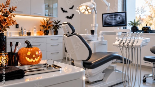 Modern Halloween Dental Clinic Interior With Glowing Pumpkin And Equipment
