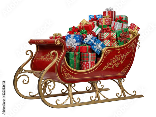 A classic red sleigh overflowing with colorful wrapped gift boxes, isolated on transparent background. Magical Christmas concept for holiday marketing.