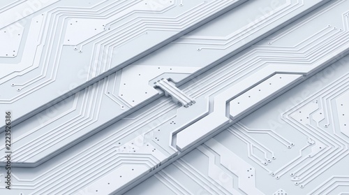 Electronic circuit board 3D render in monochrome white. Features intricate pathways, conductive traces, and a central bridge connection. Abstract technology background for computing and engineering