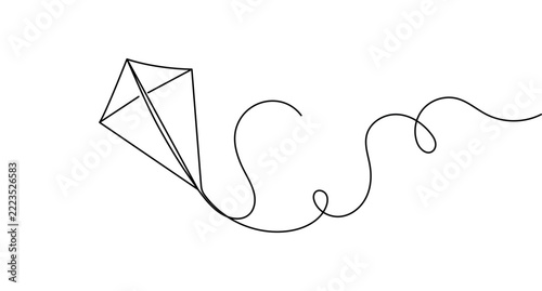 Kite continuous one line art, single line flying kite drawing, curly string design, editable stroke vector