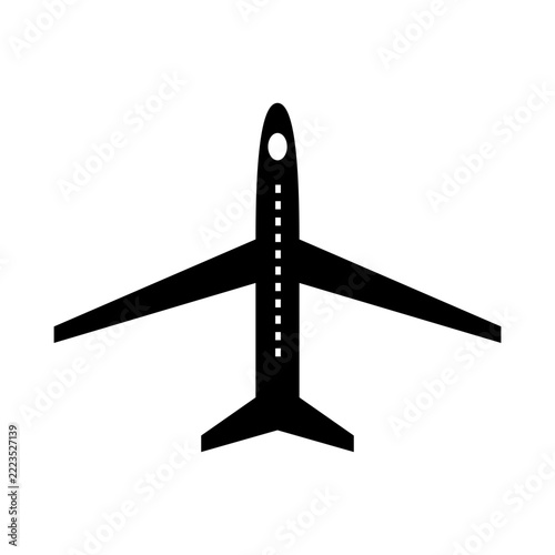 Black silhouette airplane icon for travel and aviation design