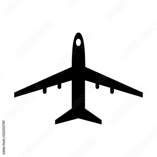 Black airplane silhouette icon for travel and aviation industry