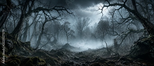 Dark misty forest panorama with twisted bare trees and eerie moonlit atmosphere