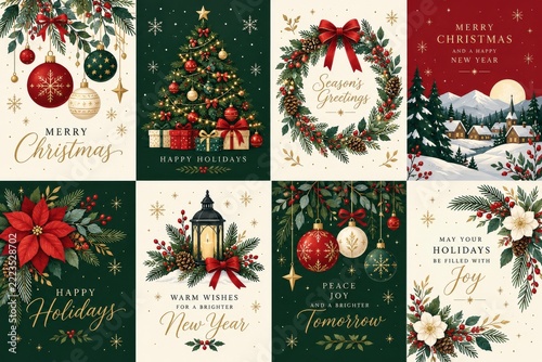 Elegant Christmas Greeting Card Collection with Botanical Holiday Motifs