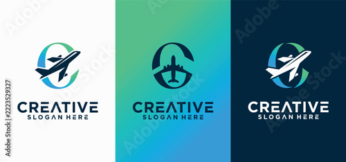 Letter C Monogram Logo for a Travel Agency Featuring Airplane and Globe Symbols
