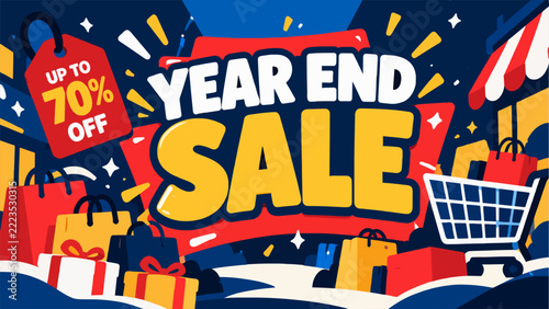A vibrant cartoon illustration promotes a year-end sale with bold text and shopping bags to encourage holiday shopping discounts.