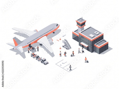 Isometric airport terminal building, passenger airplane boarding on runway, air travel vector illustration