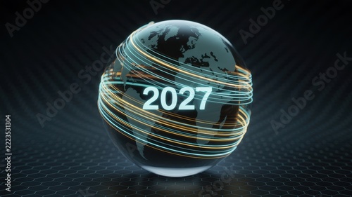 Digital earth globe with 2027 text and glowing light lines