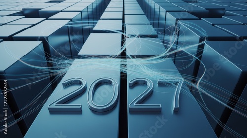 Blue 2027 numbers on futuristic metal blocks background
