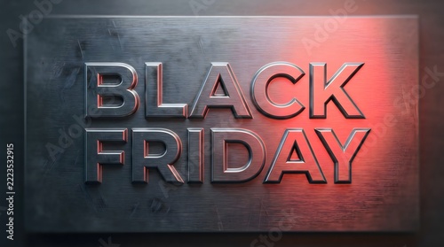 Metallic Black Friday typography text banner with industrial brushed steel texture and red lighting