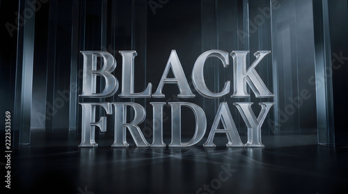 Metallic silver 3D Black Friday text typography typography render against a dark modern glass pillar background