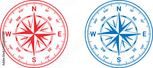 Red and blue compass rose icons with cardinal directions for navigation and map design