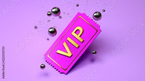 3d vip ticket with metallic spheres on purple background