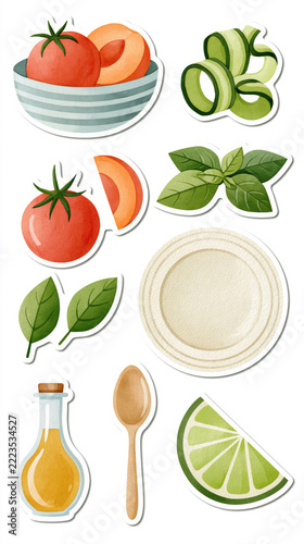 Watercolor vegetables and utensils with tomatoes, herbs, and olive oil on white background