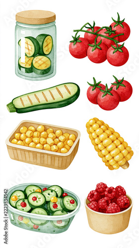 Watercolor illustrated vegetables and fruits collection with tomatoes and zucchini