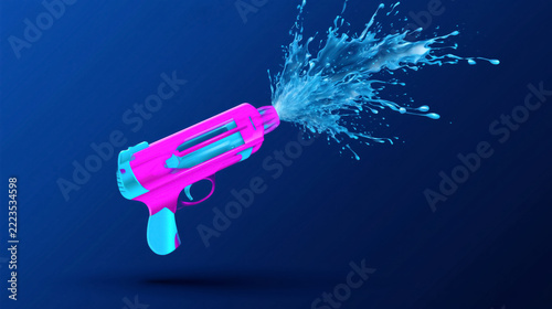 Vibrant pink and blue water gun splashing water on dark blue background