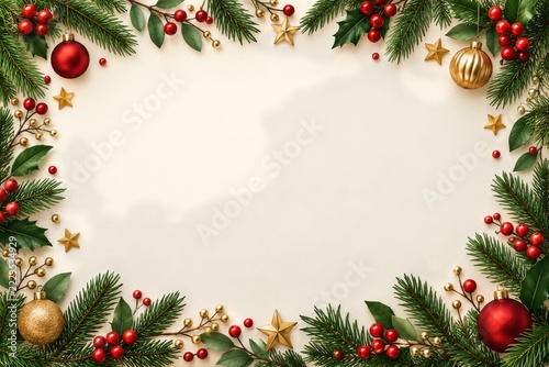 Christmas Seasonal Frame with Evergreen Sprigs Red Berries and Golden Stars