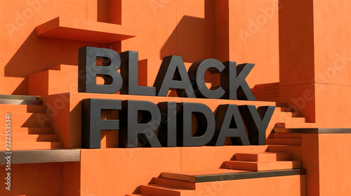 Modern minimalist 3D Black Friday typography on vibrant orange abstract architectural background with stairs