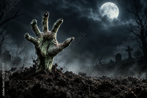 Eerie zombie hand reaching from dark soil beneath a misty Halloween moon