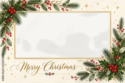 Elegant Christmas photo card frame with evergreen branches and red berries