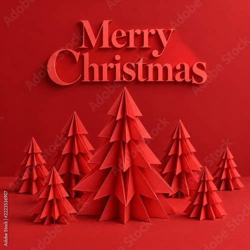 Dimensional red paper evergreen trees with festive raised greeting lettering