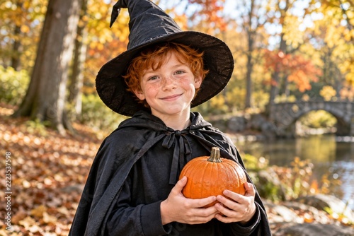 Freckled child in a black Halloween witch costume holding an orange pumpkin