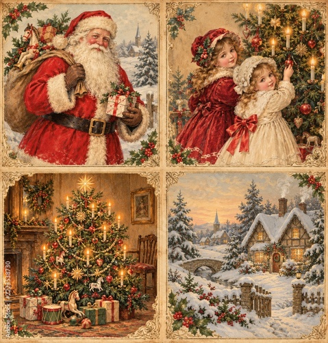 Vintage Christmas card collection with festive figures trees and snowy cottage