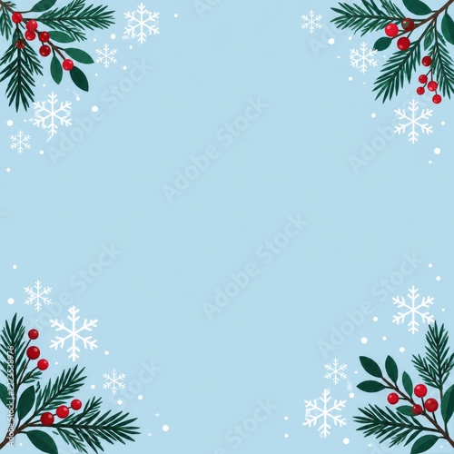 Square winter holiday frame with white snowflakes and evergreen corners