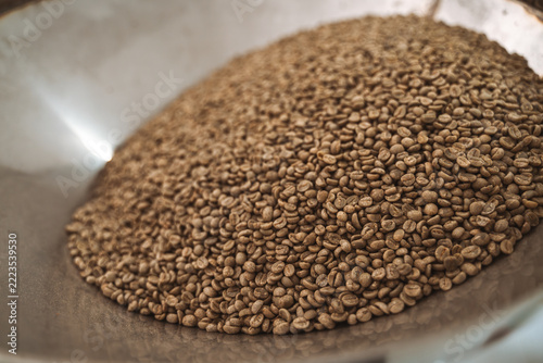 green coffee beans in a large stainless steel hopper.