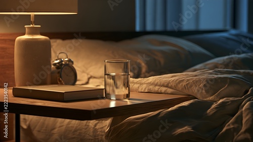 Glass of water on bedside table with lamp and alarm clock in bedroom