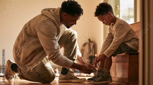 Father helping his young son tie shoelaces before leaving home for