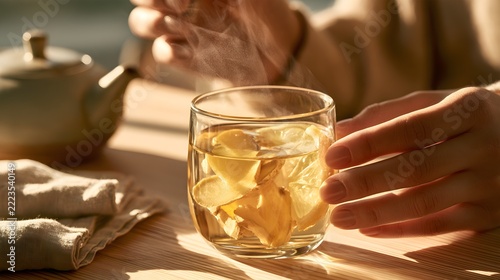 Person holding a glass of hot ginger lemon tea with steam rising on a