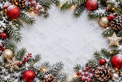 Snowy fir branches and festive ornaments framing an open Christmas background