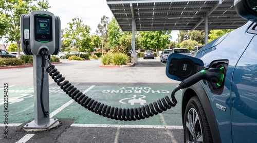 Electric Car Charging Station with Plugged In EV Renewable Energy Concept