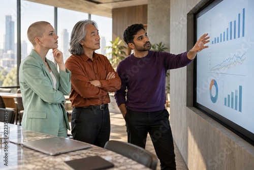 Three business professionals reviewing data charts on a large office screen