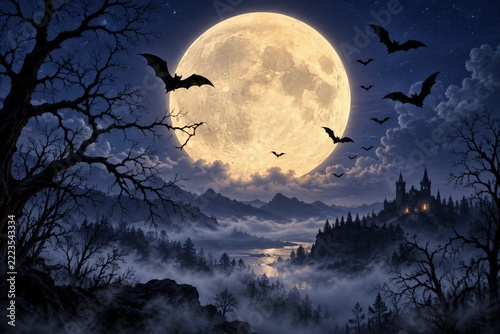 Flying bats silhouetted against a giant moon over a misty Halloween landscape