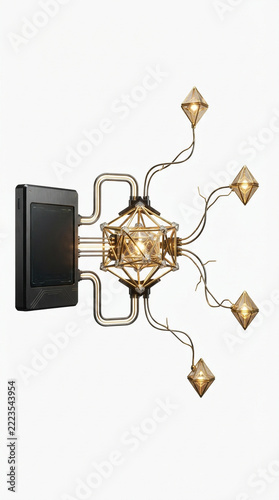 Cybernetic processor unit with ornate gold wiring and glowing crystalline diamond shapes.