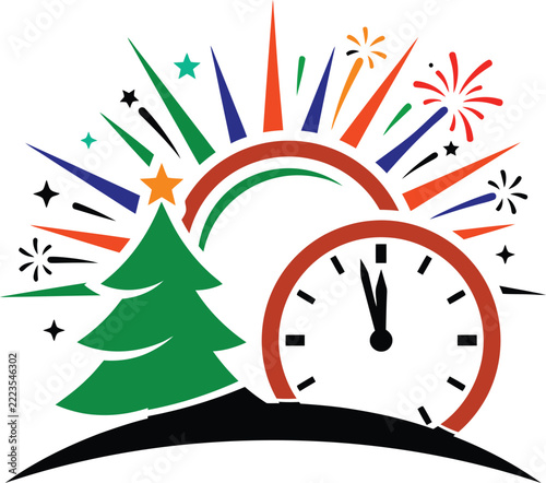 Countdown Clock Christmas Tree Fireworks Midnight Celebration Festive Holiday Sparkles