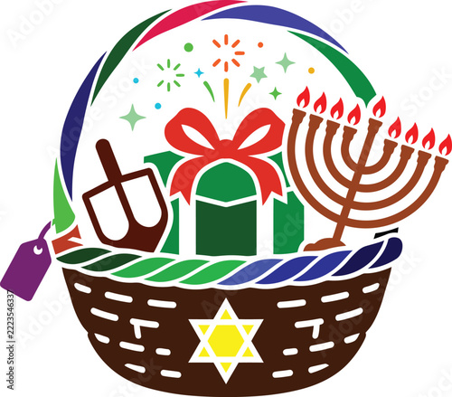 Hanukkah Menorah Gift Basket Dreidel Judaism Festival Candles Celebration Tradition