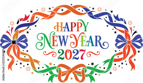 Happy New Year 2027 Typography Celebration Ribbon Festive Greeting Ornament