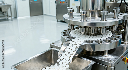 Pharmaceutical tablet press machine producing white pills in cleanroom manufacturing facility